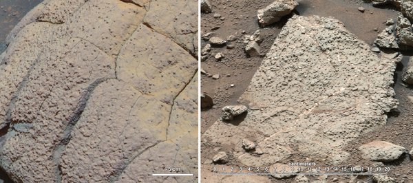 “机遇”号探测车（左）和“好奇”号探测车发回的两张火星表面照片。